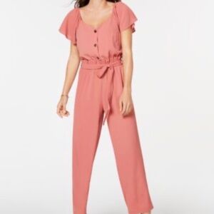 Monteau Flutter-Sleeve Tie-Waist Jumpsuit